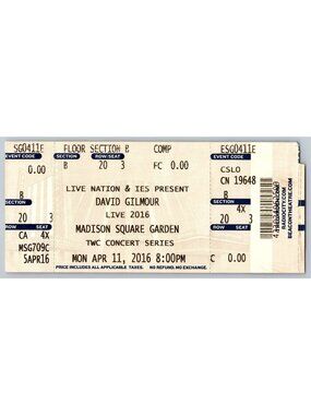 David Gilmour Live 2016 Concert Ticket Madison Square Garden